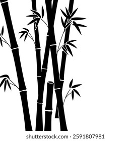 Bamboo Stalks Silhouette Hand-Drawn Illustration – Black and White Minimalist Tropical Nature Vector for Zen Decor, Eco-Friendly Designs, Japanese Aesthetics, and Sustainable Concepts