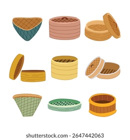 produtos hortícolas saudáveis, utensílios de cozinha tradicional, comida asiática bambu cesta de vapor sinal. isolado símbolo vetor ilustração