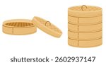 Bamboo steamer basket vector hand drawn illustration. Traditional dumpling steamer opened and closed. Asian steaming pot isolated on white