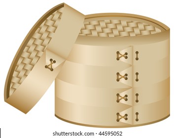 Bamboo Steamer. Editable Vector Image. Cover can be placed on the steamer.