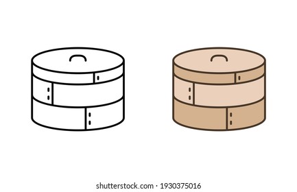 Bamboo steamer logo. Linear icon and color version. Black simple illustration of special chinese kitchen utensil with lid. Contour isolated vector pictogram on white background