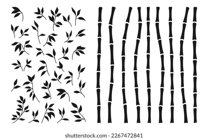 Bamboo stem and leaf silhouette set. Exotic decoration elements natural plant in engraving ink style. Hand drawing painted Asian traditional tree leaves, sticks bamboo ornament borders collection