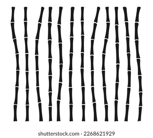 Bamboo stem sticks silhouette borders set. Exotic decoration elements natural plant in engraving ink style. Hand drawing painted Asian traditional tree bamboo simple ornament pattern collection