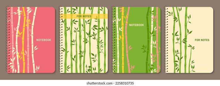 Bamboo stem trendy notebook cover set. Exotic fresh natural plant design for planner, brochure, book, catalog. Notepad with traditional Asian plants. Decorative layout page print template poster