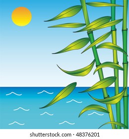 Bamboo stems against the sea.