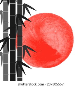 Bamboo stems background on red watercolor stain