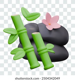 Bamboo stems, black stones, pink flower. Set of vector 3D components for stone therapy concepts