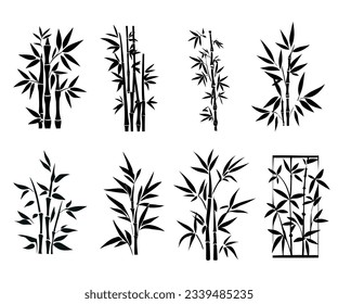 Bamboo stems with leaves black silhouette, tropical plants vector set