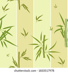 Bamboo stems and leaves on a background of light green monochrome stripes. Seamless pattern for textiles, paper or Wallpaper. Abstract vector illustration.