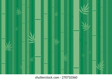 Bamboo stems with leaves in regular pattern on green background