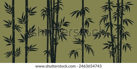 Bamboo stems. Oriental jungle forest silhouettes, bamboo branches with leaves flat vector illustration set. Decorative bamboo shoots