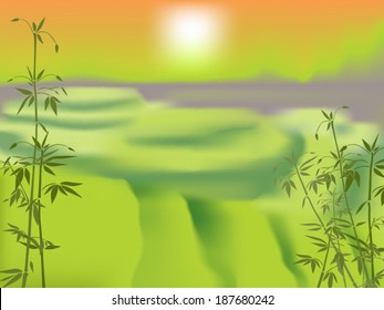 Bamboo stems over a blurred tropical rice paddies background vector illustration