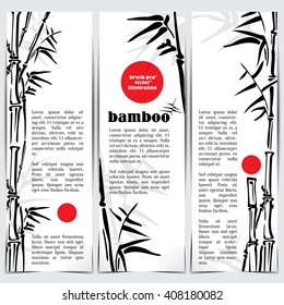 Bamboo stems vector layout banner set ink pen painting style. Simple black bamboo illustration collection on white background. Bamboo bush. Bamboo leaves.