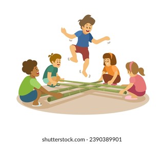 Bamboo Stick Jump Traditional Game Cartoon illustration Vector