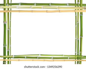 Bamboo sticks frame vector background illustration. Design elements of natural wooden material for eco friendly poster. Bamboo frame with empty text place. Green and dry brown sticks branches.