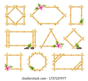 Bamboo sticks frames set triangular, rectangular, rhomboid, polygonal lozenge shaped. Decorative cadres, borders with tropical flower, leaves, pebbles. Vector  bamboo frames isolated on white. 