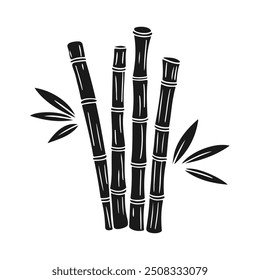 Bamboo sticks with leaves silhouette drawing on white background