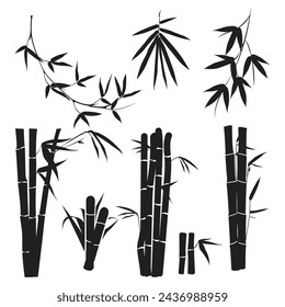 bamboo sticks. bamboo trees. bamboo leaves. black isolated white background