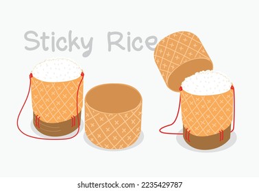 Bamboo Sticky Rice Vector. Sticky rice in bamboo basket, rice basket (kratip in Thai mean - Basket)