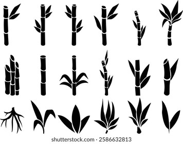 Bamboo, sugarcane vector icon set, in glyph style designs elements, sweeteners for drinks. leaves, sugar ingredient stem. Design elements for social network and application. on transparent background.