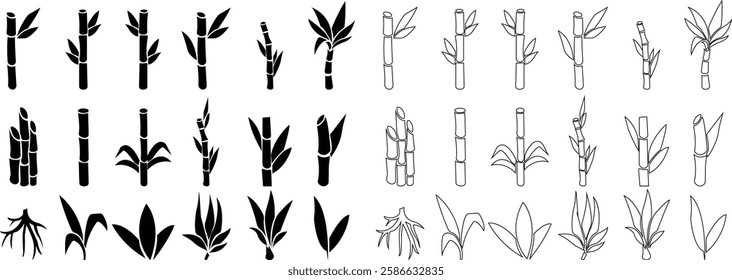 Bamboo, sugarcane vector icon set, in glyph style designs elements, sweeteners for drinks. leaves, sugar ingredient stem. Design elements for social network and application. on transparent background.