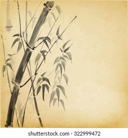 Bamboo in sumi-e style, Traditional Japanese painting, Hand-drawn with ink, Vector illustration.