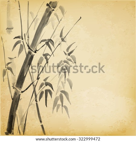 Bamboo in sumi-e style, Traditional Japanese painting, Hand-drawn with ink, Vector illustration.