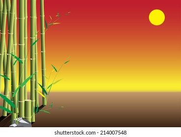 Bamboo sunset scene with soy background. vector illustration