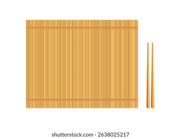 Bamboo sushi mat and chopsticks. Two sushi chopsticks with empty bamboo mat or wood plate on White Background Top view stock illustration