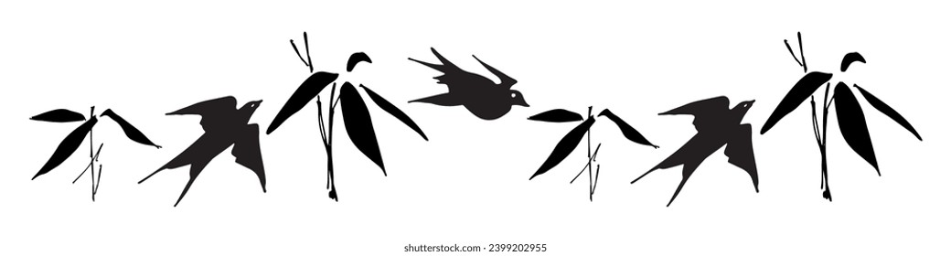 Bamboo and swallow border. Hand drawn vector elements.