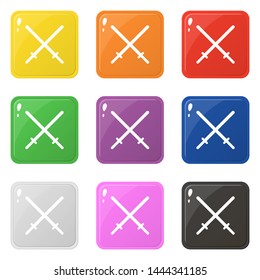 Bamboo sword weapon icons set 9 colors isolated on white. Collection of glossy square colorful buttons. Vector illustration for any design.