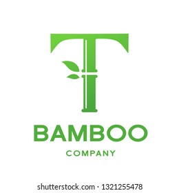 Bamboo T letter or alphabet vector logo template. This logo with symbol and leaf. Green color and suitable for business and culture of china.