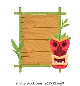Bamboo tiki tribal mask frame. Totem sign board with wooden mask, totem bamboo frame flat vector illustration. African or hawaiian aboriginal totem on bamboo frame