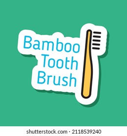 bamboo tooth brush color vector eco sticker. bamboo tooth brush and think green lettering. color filled sticker with shadow on green. go green, no plastic and zero waste eco friendly concept