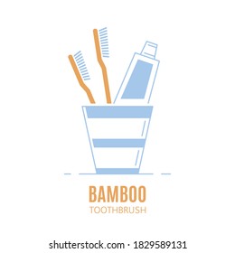 Bamboo toothbrush concept banner design isolated on white background. Two toothbrushes and toothpaste tube in a cup.