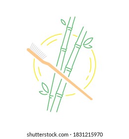 Bamboo toothbrush concept banner design. Bamboo toothbrush with bamboo plant and sun isolated on white background. Flat style line art vector illustration