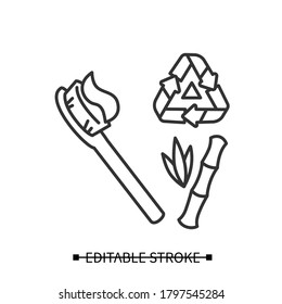Bamboo toothbrush icon. Natural bristle bamboo wood dental brush with recycling linear pictogram. Concept of ecology friendly zero waste teeth care product. Editable stroke vector illustration