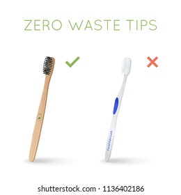 Bamboo toothbrush instead of plastic toothbrush. Zero waste tips. Eco and healthy lifestyle