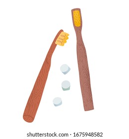 Bamboo toothbrush with natural toothpaste tablets, eco friendly tool, hand drawn vector illustration isolated, natural wooden biogradable tooth brushes, sustainable lifestyle