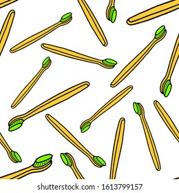 Bamboo Toothbrush Seamless Pattern. Eco Friendly Tools Seamless Pattern. Bamboo Toothbrush Seamless Pattern on white background isolated. Stock Vector Illustration. Cartoon style. 