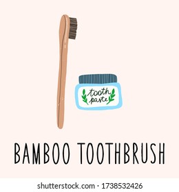 Bamboo toothbrush and tooth paste hand drawn vector illustation.
Zero waste concept. 