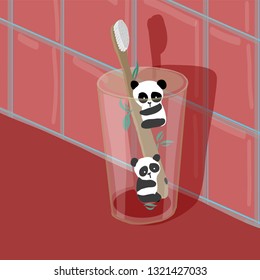 Bamboo toothbrush wih panda zero waste concept vector illustration