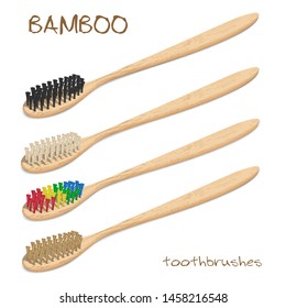 
Bamboo toothbrushes. With different types of bristles. Zero waste, biodegradable material. Eco-friendly products. Isolated on white background Perspective view. Vector illustration