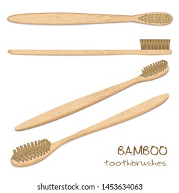  
Bamboo toothbrushes. Eco-friendly, natural bristles. Zero waste, biodegradable material. Eco-friendly products. Isolated on white background Different point of view / angle. Vector illustration