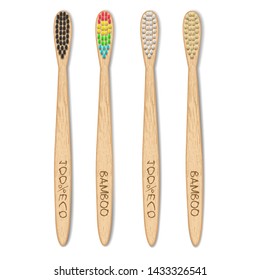 Bamboo toothbrushes for healthy teeth cleaning four pieces. Zero waste, a set of brushes with different bristles. Biodegradable material. Eco-friendly products. Isolated on white background Vector