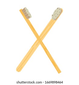 Bamboo toothbrushes, natural substitute for plastic tooth brush, dental care tool, zero waste lifestyle, and drawn flat icon, isolated vector