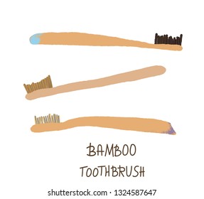 Bamboo toothbrushes set isolated on white background. Zero waste tips. Eco-friendly brushes. Vector illustration.