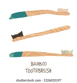 Bamboo toothbrushes set isolated on white background. Zero waste conceptual elements. Eco-friendly brushes. Vector illustration.