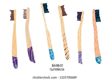 Bamboo toothbrushes set isolated. Zero waste tips. Eco-friendly collection of brushes. Vector illustration.