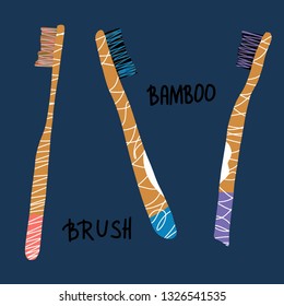 Bamboo toothbrushes set isolated. Zero waste tips. Eco-friendly brushes with text. Vector illustration.
